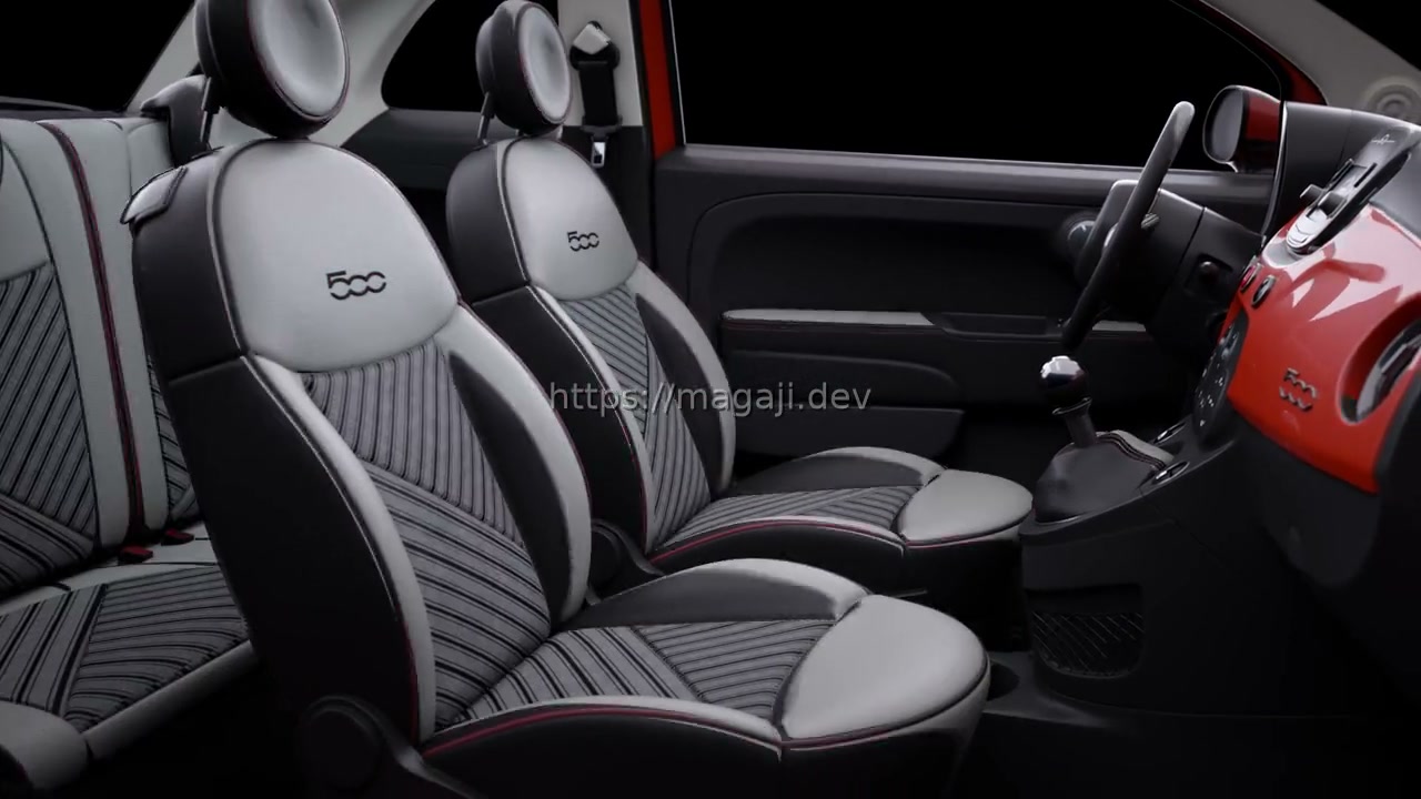 Photorealistic Fiat 500 interior visualization with striped seat upholstery